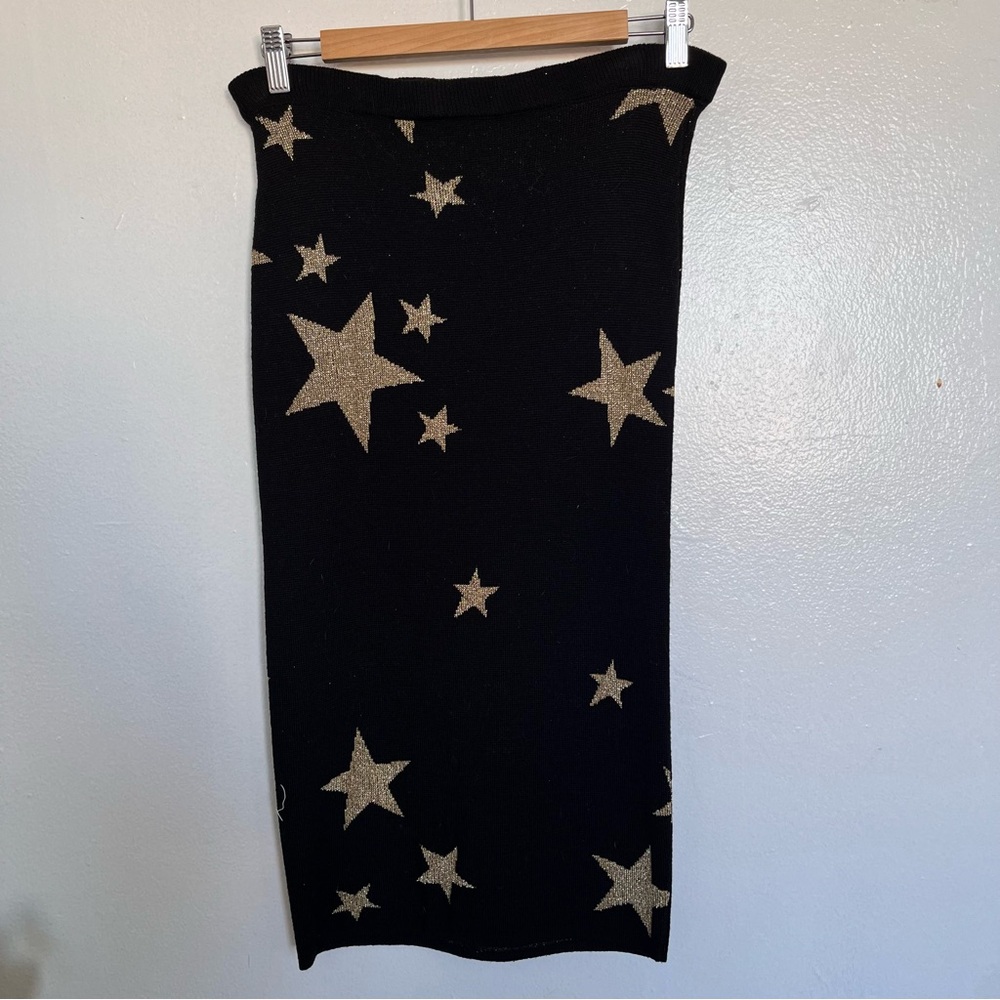 VTG KENZO JUNGLE Black Knit Midi Skirt with Gold Metallic Star Print
